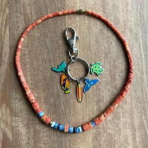 2 Pc. Set - 00s Coral/Shell Beaded Necklace and Ocean-Themed Keychain/Bag Charm